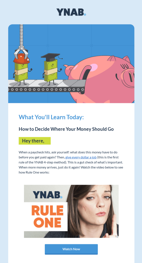 An illustration presenting a gas pump fueling a piggy bank, promoting a budgeting app's tutorial on allocating finances, now with an embed video in email feature.