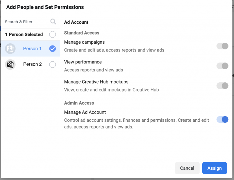 Dialog window for adding a person to an ad account with various permission options available.