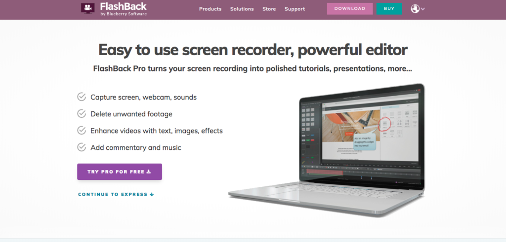 Webpage displaying flashback, a screen recording and editing software, featuring a laptop with the application interface.