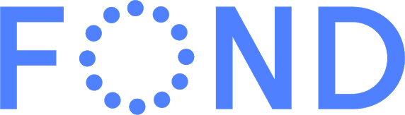 Blue and white logo of the word "fond" with a circular droplet motif forming the letter "o".
