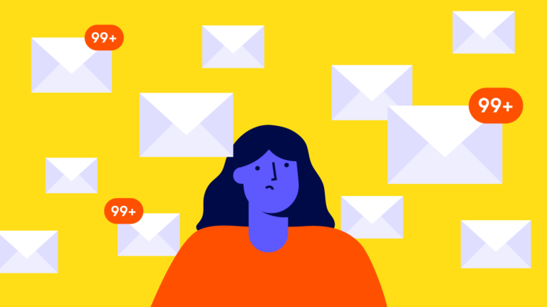 A person surrounded by a deluge of email notifications, signifying an overwhelming amount of unread messages.