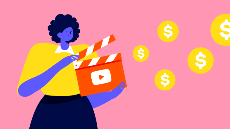 Illustration of a person holding a clapperboard with a play button, surrounded by floating coins, symbolizing monetization of video content.