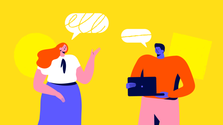 Two illustrated characters engaging in a conversation, with the woman gesturing and speech bubbles above their heads.