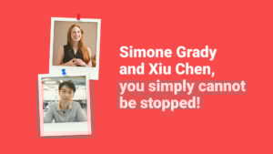 Two polaroid-style photographs pinned on a red background, celebrating individuals named simone grady and xiu chen.