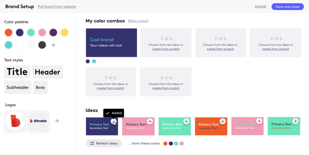 User interface of a brand setup tool showing color palette options and text style customization.