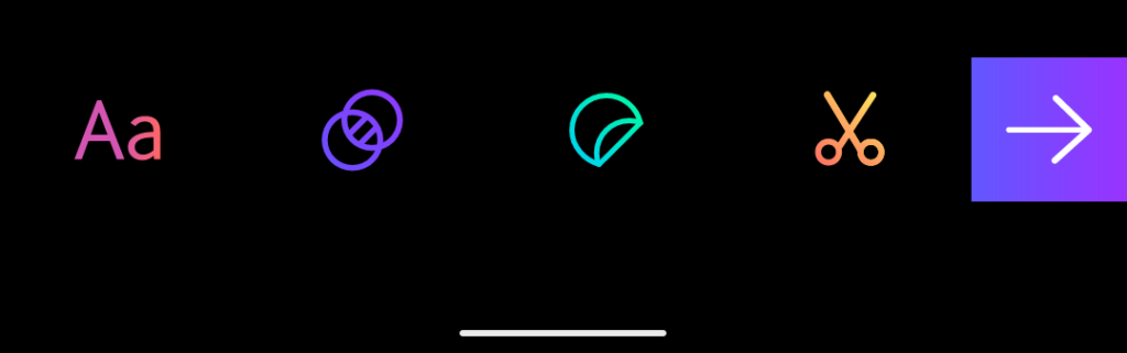 A row of colorful, stylized icons representing text, email, location, editing, and sharing functions on a black background.