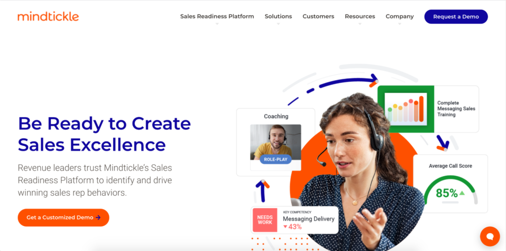 A website homepage for mindtickle showcasing its sales readiness platform, with infographics illustrating various features such as coaching and messaging effectiveness.