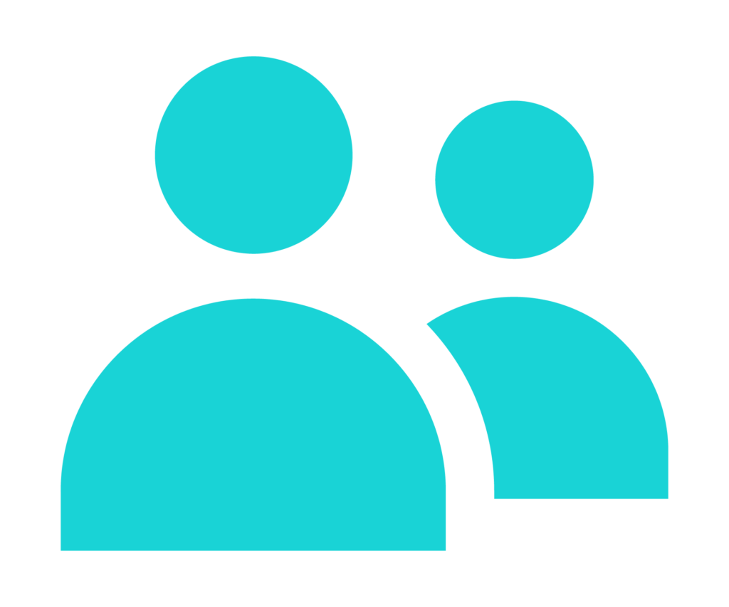 Two stylized, turquoise figures representing a user icon with one larger figure and a smaller one partially behind it.