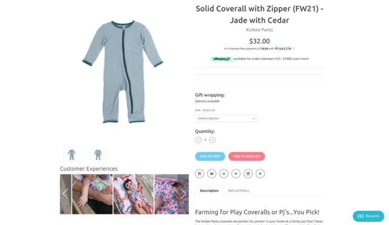 Online store product page for a solid teal coverall with zipper for children.