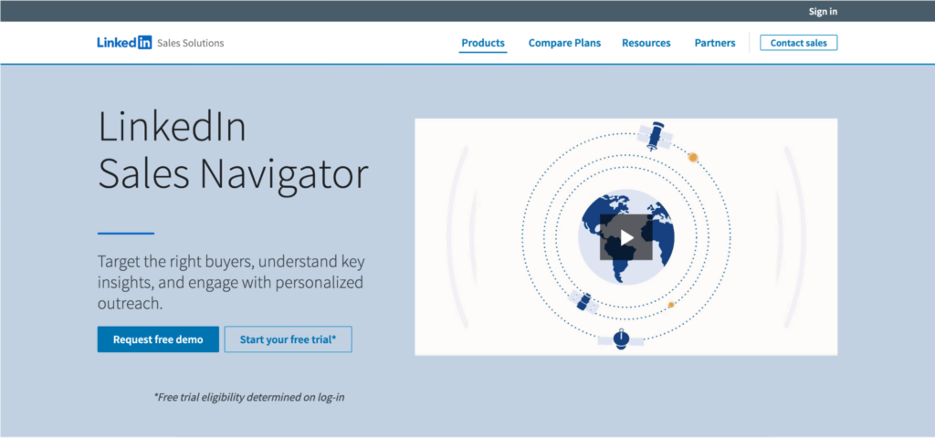 A screenshot of the linkedin sales navigator homepage featuring a call to action for a product demo and a free trial.