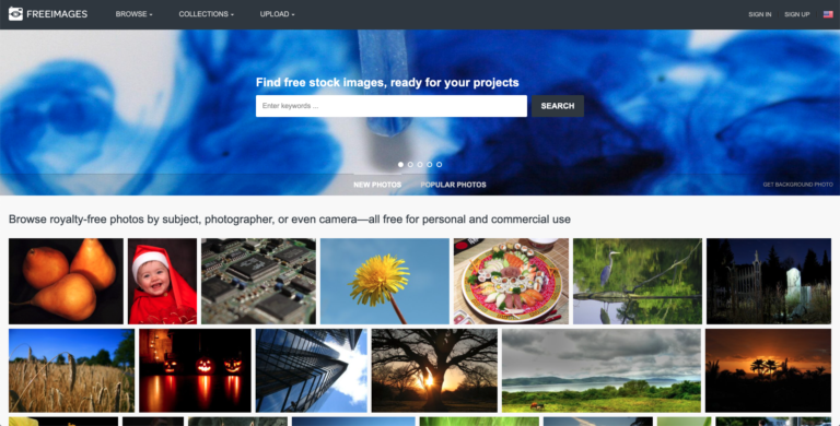 A screenshot of the homepage of one of the best sites for free images, featuring a search bar and a variety of image thumbnails from different categories.