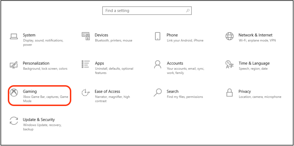 Settings window on a computer with the "gaming" section highlighted.