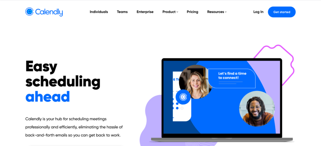 Website homepage for calendly featuring the tagline "easy scheduling ahead" with promotional graphics and interface options for individuals, teams, enterprise, product, and pricing.
