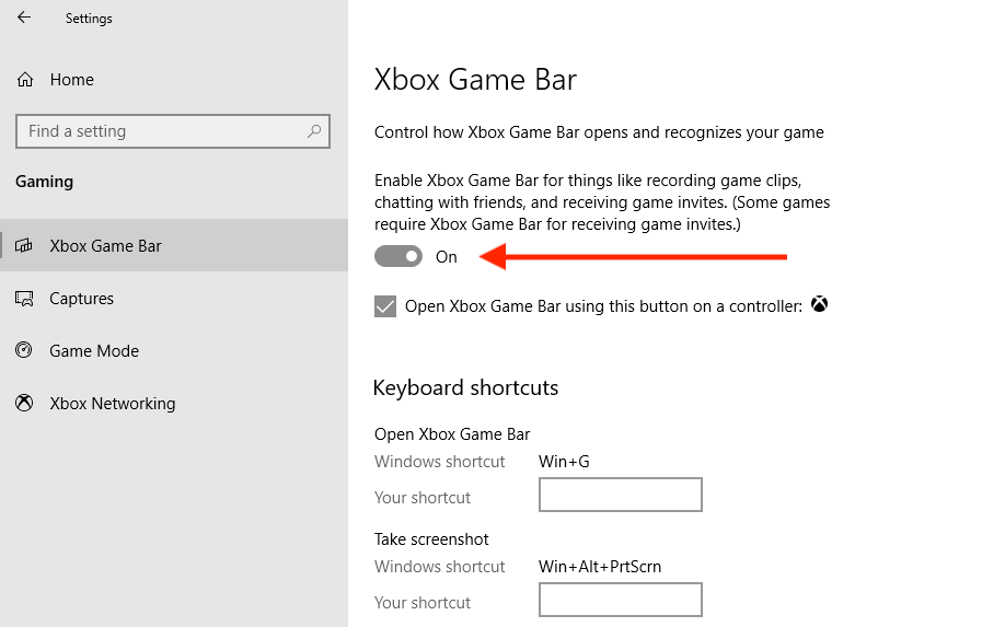 Screenshot of xbox game bar settings on a computer with options to enable the game bar and configure related shortcuts.