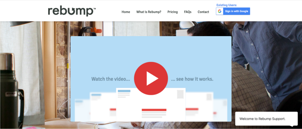 A screenshot of the rebump website featuring a play button to watch an explanatory video, with navigation options and a user sign-in area.