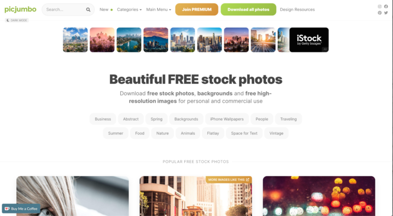 Homepage of picjumbo, one of the best sites for free images, showcasing free stock photos with a search bar and various photo categories.