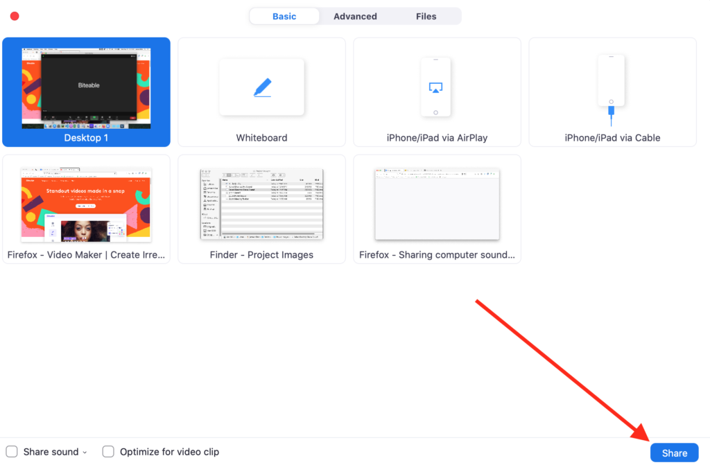 A screenshot showing how to share a screen on Zoom, featuring a screen-sharing interface with various options including desktop, whiteboard, and device connections, with the 'share' button highlighted by a red arrow