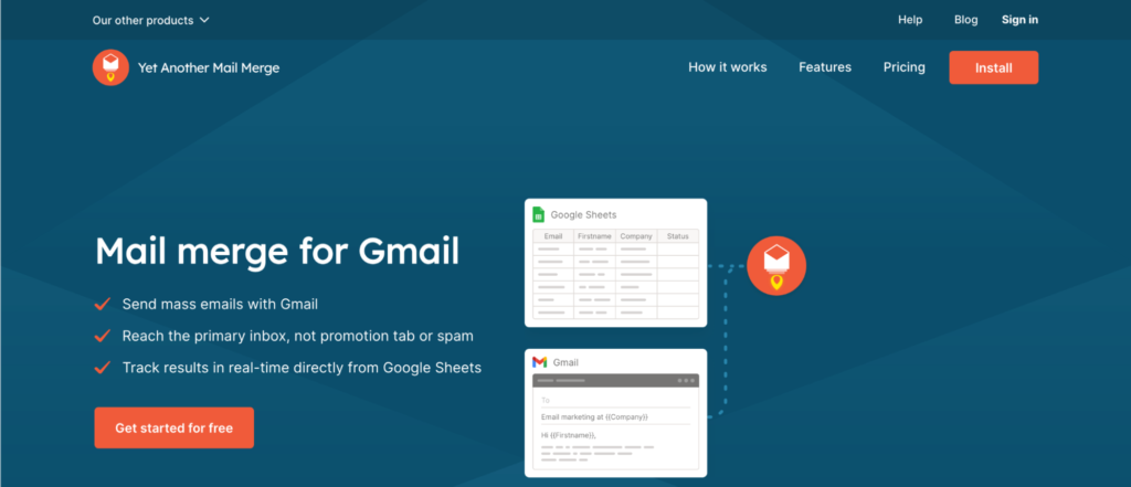 A webpage for a mail merge service for Gmail, highlighting features such as mass emails and inbox delivery with a prominent 'install' button, now featuring Biteable video maker integration.