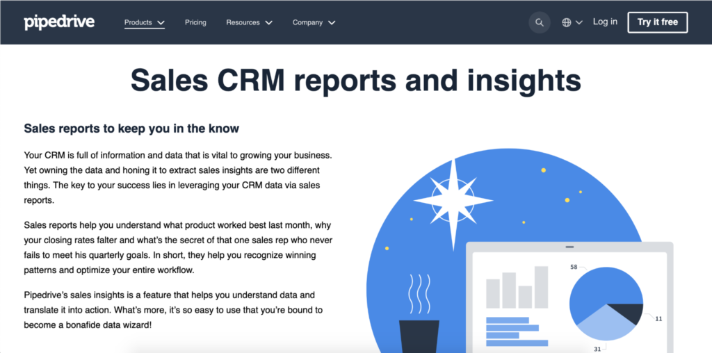 Screenshot of a crm (customer relationship management) webpage focusing on sales reports and insights, featuring a graphical illustration of data analysis.