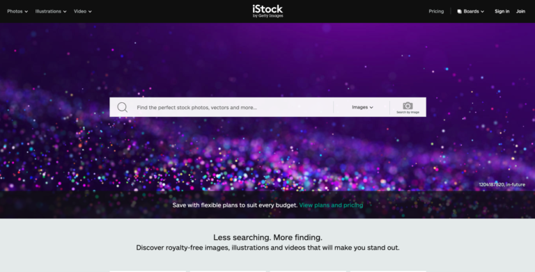 Stock photo website homepage, one of the best sites for free images, with a purple glitter background image and a search bar.