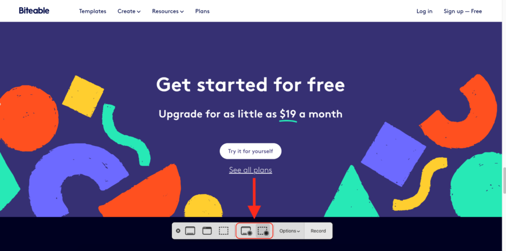 Colorful webpage interface for biteable with a call-to-action prompting to get started for as little as $19 a month.