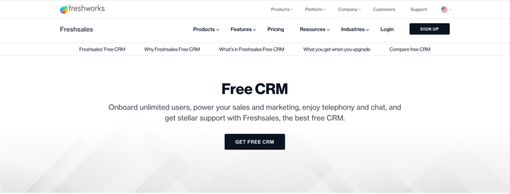 A screenshot of the freshsales crm webpage highlighting their offer of a free crm with various features such as telephony and chat support.