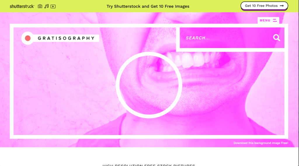 Website homepage featuring a search bar for the best sites for free images, with a vibrant pink overlay and a close-up image of a person smiling in the background.