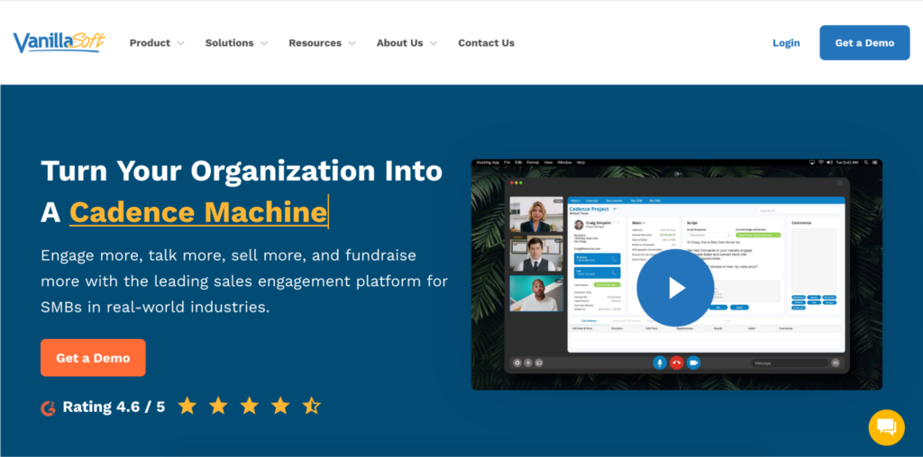 Website homepage for vanillasoft, promoting it as a cadence organization tool for sales engagement, featuring product ratings and a demo option.