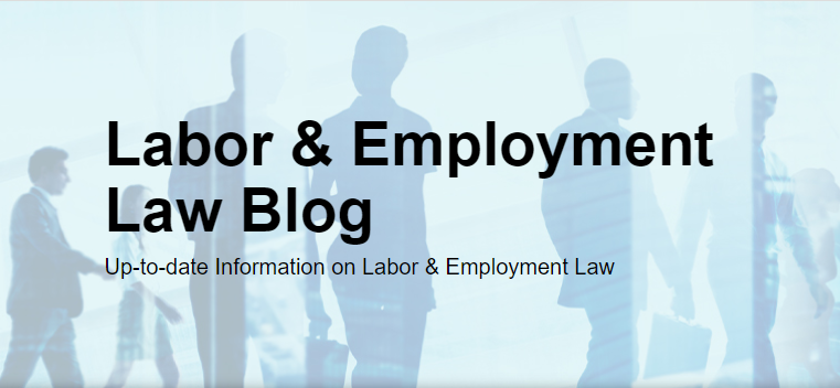 Silhouettes of professional individuals against a blue background with text about a labor and employment law blog.