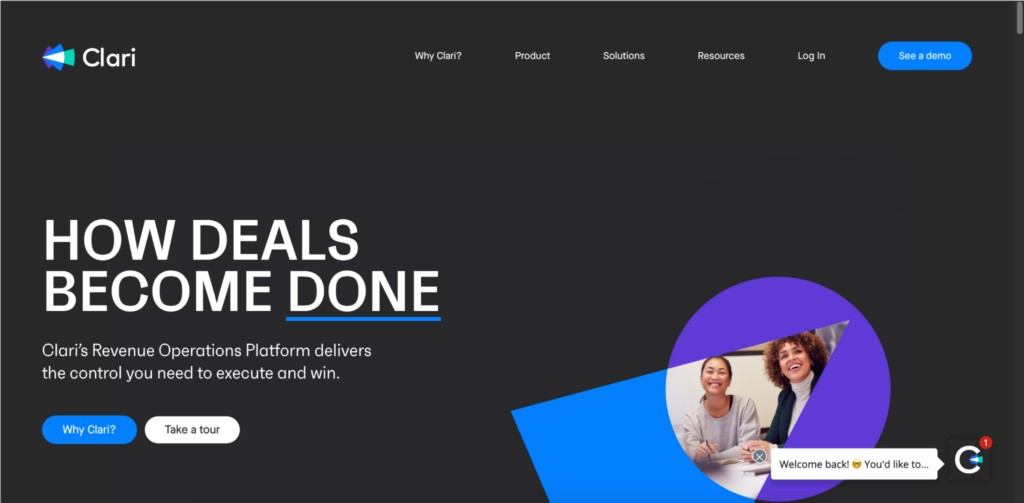 A screenshot of the clari website homepage highlighting their tagline "how deals become done" with options to learn more about the platform or take a product tour.