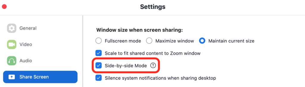 Screenshot of a settings menu highlighting the 'how to share screen on zoom' option.