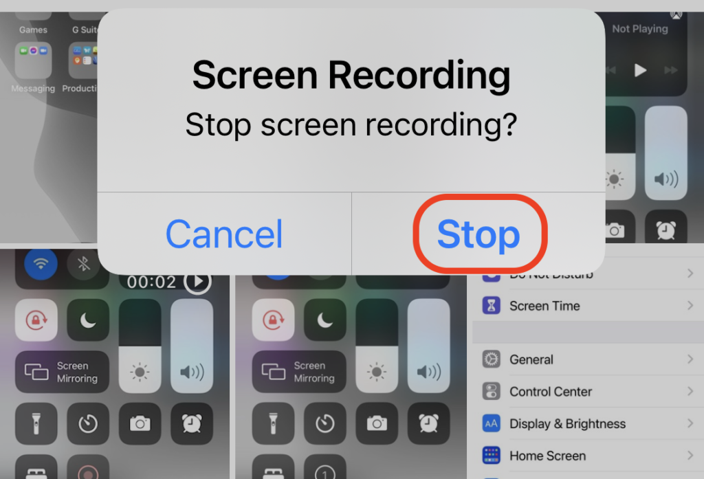 Ios screen recording prompt with options to cancel or stop recording.