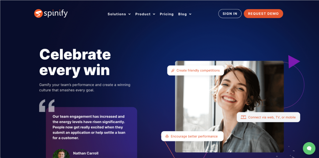 Web page of a business service called spinify showcasing features for team performance gamification, with a testimonial and an image of a smiling woman using the service.