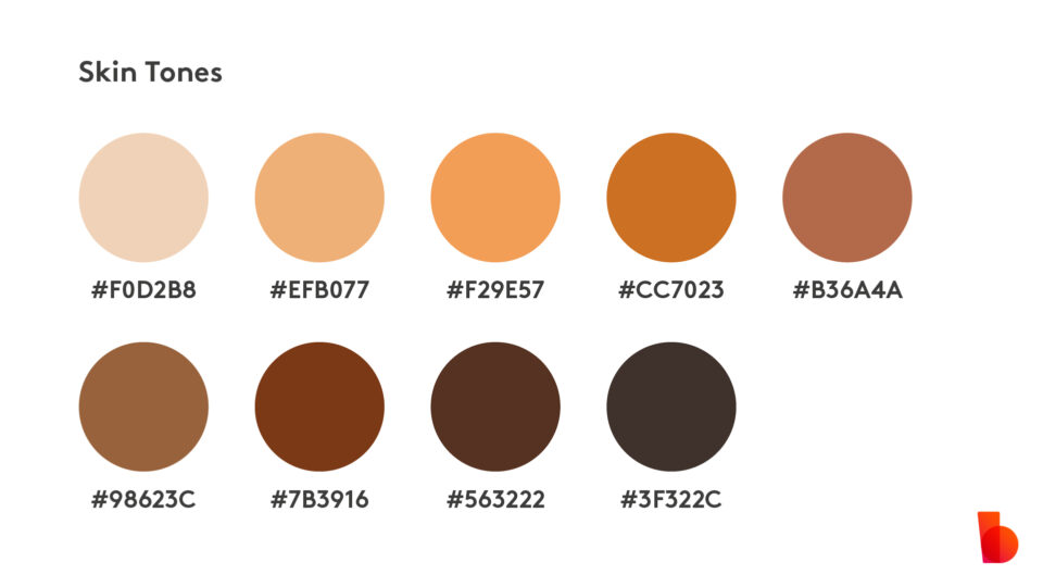 A color palette showing a range of skin tones with corresponding hexadecimal color codes.