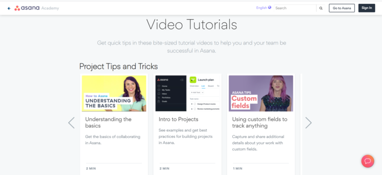 A webpage displaying video tutorials for an application called asana academy, featuring three video thumbnails with titles "understanding the basics," "intro to projects," and "using custom fields.