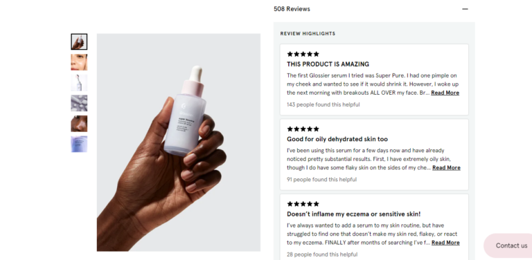 A person holding a skincare product bottle with visible online customer reviews on the right side of the image.