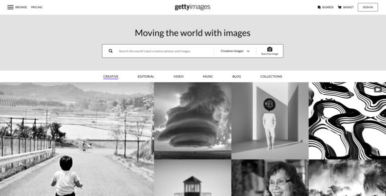 A screenshot of one of the best sites for free images, Getty Images, displaying a search bar, sample images, and navigation options for different types of media content.