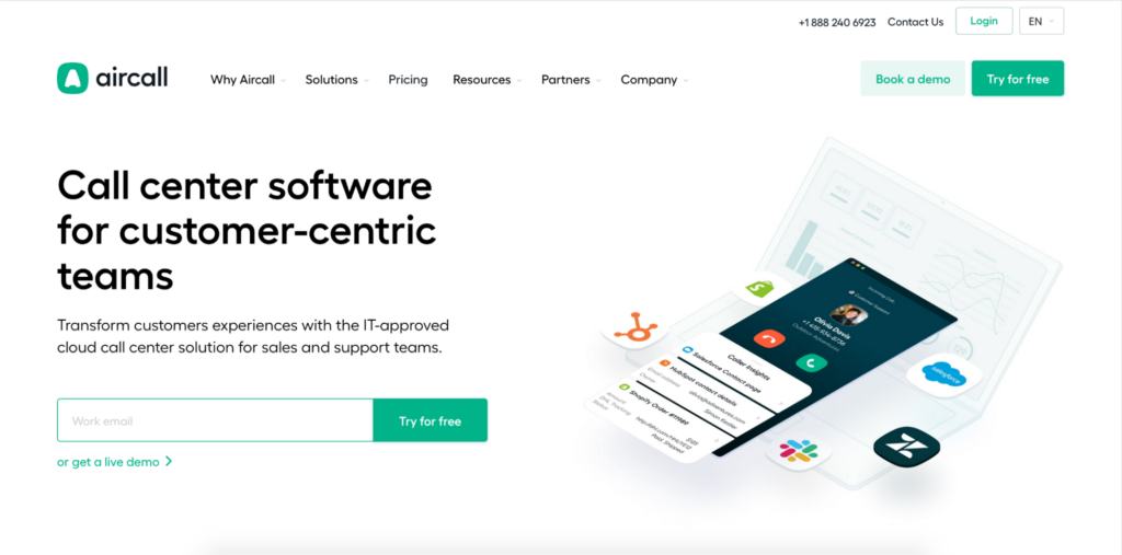 Web page of aircall showcasing a call center software solution for customer service teams, with a visual of the app interface on a smartphone.