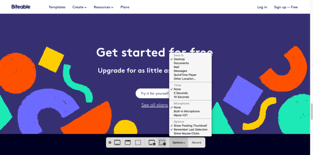 Screenshot of a website homepage for biteable, featuring colorful abstract shapes and a prompt to get started with their services.