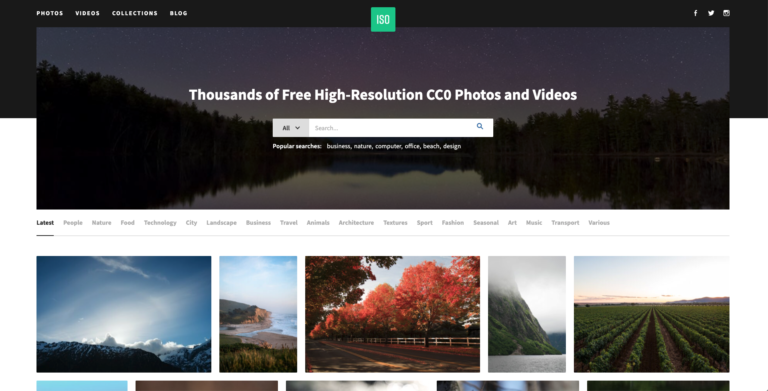 A screenshot of one of the best sites for free images featuring a search bar and a selection of high-resolution images in categories such as landscape, technology, and seasons.