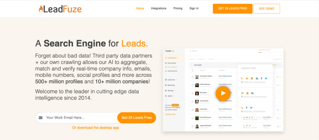 Website homepage for leadfuze, showcasing its search engine for emails with a claim of real-time company data and intelligence since 2014.