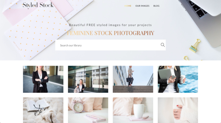A screenshot of one of the best sites for free styled stock photography with images showcasing a feminine aesthetic.