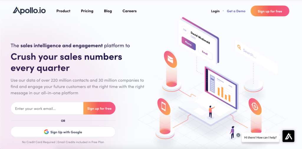 A website homepage for apollo.io featuring a graphic of a sales analytics dashboard and a Biteable video maker with a call-to-action to sign up for free.