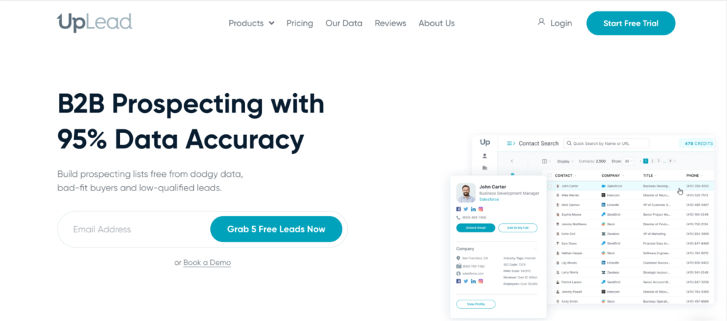 Screenshot of the uplead website homepage featuring their promise of "95% data accuracy" for b2b prospecting lists with a call to action button saying "grab 5 free leads now".
