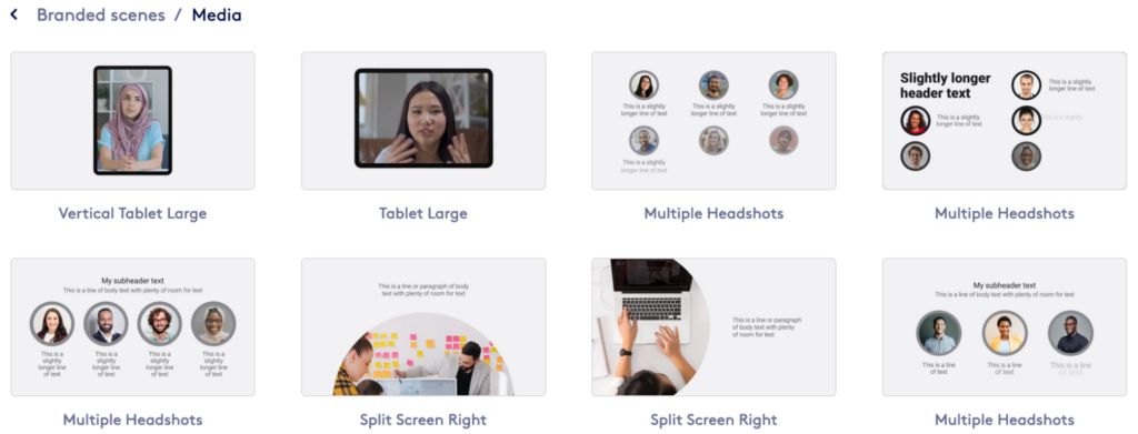 A display of various media and layout templates for presentations featuring tablet mockups, headshot displays, and split-screen views.
