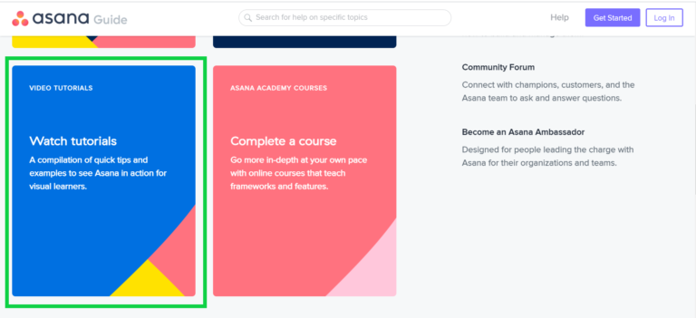 Homepage of the asana guide website featuring categories for video tutorials, asana academy courses, and information on becoming an asana ambassador.