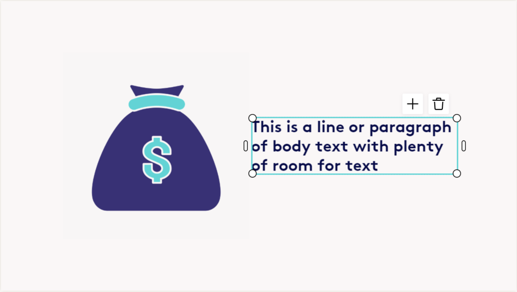A graphic image illustrating a money bag with a dollar sign next to a stylized representation of a text box, suggesting a template for financial-themed content.