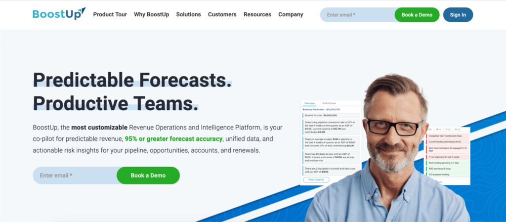 A screenshot of the boostup website featuring a banner with the text "predictable forecasts. productive teams." and an image of a smiling man with glasses.