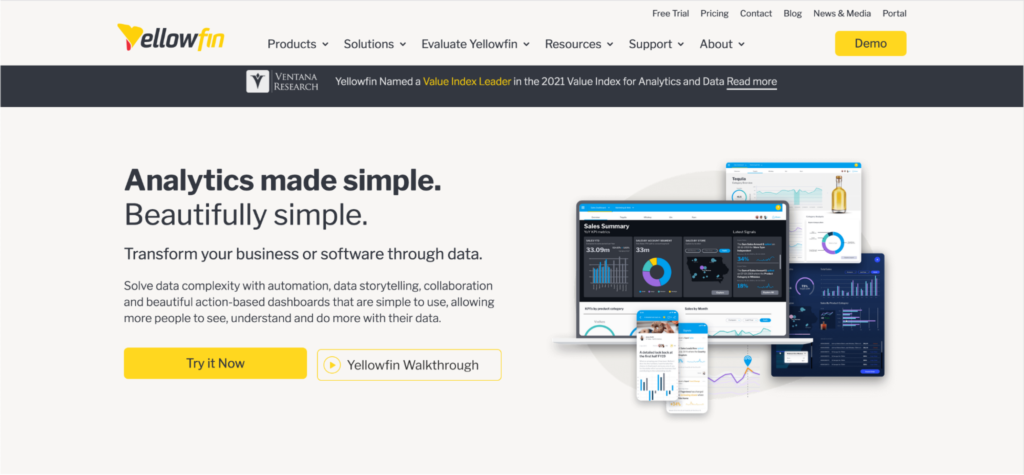 A screenshot of the yellowfin bi website homepage featuring analytics software solutions with descriptive text and screen interface examples.