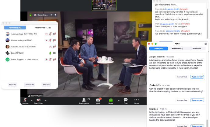 A screenshot of a virtual meeting in progress with participants engaged in a video conference call on zoom, featuring a panel discussion on the main screen, a q&a interface, and various control options for the meeting host.